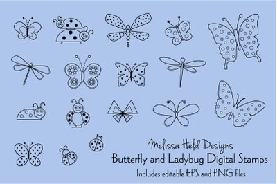 Butterfly, Ladybug &amp; Dragonfly Digital Stamps Clipart