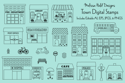 Town Buildings Digital Stamps Clipart