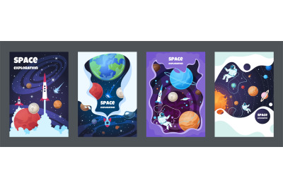 Cartoon space flyer. Universe galaxy banner planet science poster astr