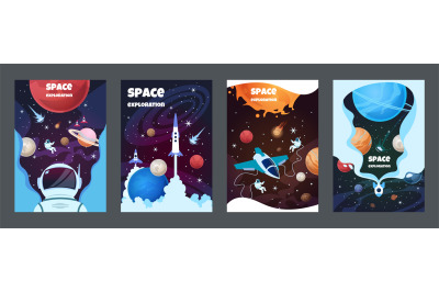 Cartoon space banners. Galaxy universe science child astronaut modern