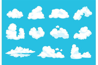 Cartoon clouds. Sky atmosphere blue heaven 2D vintage fluffy symbol cl