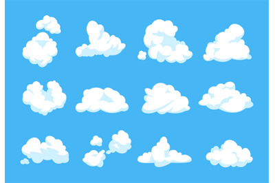 Cartoon clouds. Blue sky panorama heaven atmosphere vintage 2D fluffy