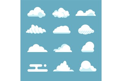 Flat sky cloud. Blue fluffy cartoon shapes white atmosphere cloudy ele