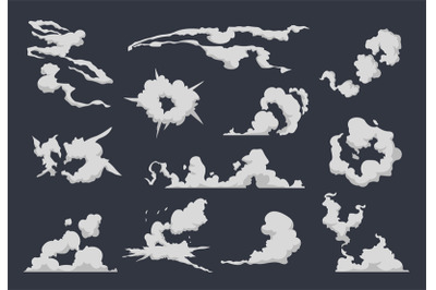 Cartoon smoke cloud. Comic dust explosion steam sprite motion game spe