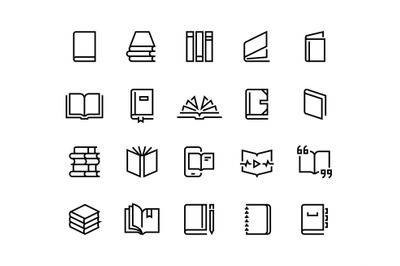 Book line icons. Open magazine, library education set, bookstore order