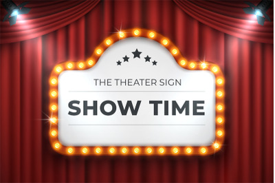 Theater cinema sign. Movie light frame&2C; retro marquee banner on red ba