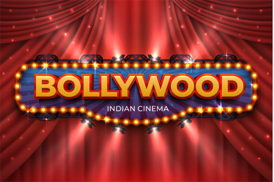 Indian cinema background. Bollywood film poster with red drapes, 3D re