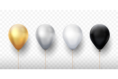 Realistic balloons. Golden 3d transparent party balloons, silver white