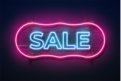 Neon sale sign. Retro light frame, futuristic glowing border shape, ab