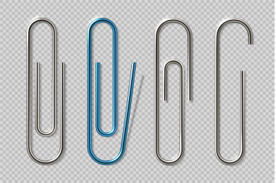 Realistic paper clips. Isolated transparent attach elements, school su