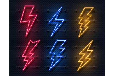 Neon lightning bolt. Glowing electric flash sign, thunderbolt electric