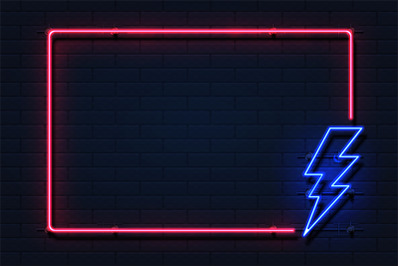 Neon lightning frame. Electricity power flash logo on black background