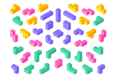 Tetris shapes. Isometric 3D puzzle game elements colorful cube abstrac