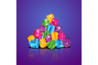 Jewels pile. Colored diamonds heap gems brilliant piles treasure carto