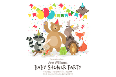 Happy birthday animals poster. Woodland forest animal baby shower kids