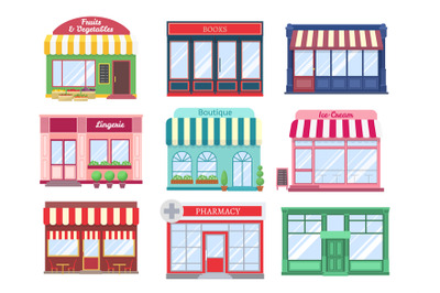 Shop flat buildings. Modern store facade cartoon boutique street build