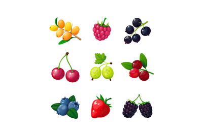 Cartoon berries. Strawberry raspberry cherry blueberry gooseberry blac