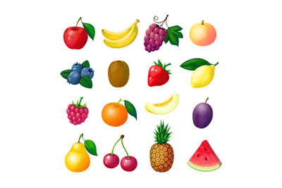 Cartoon fruits and berries. Apple banana grape peach blueberry kiwi le