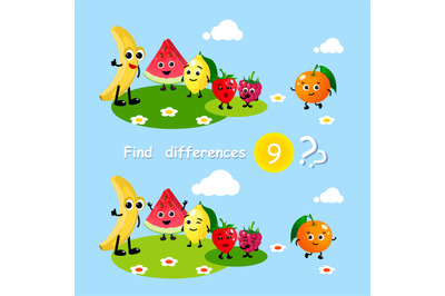 Finding differences. Children activity game happy cartoon food fruits