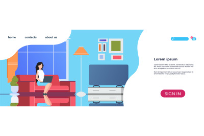 Home interior landing page. Woman using laptop lifestyle relaxed girl