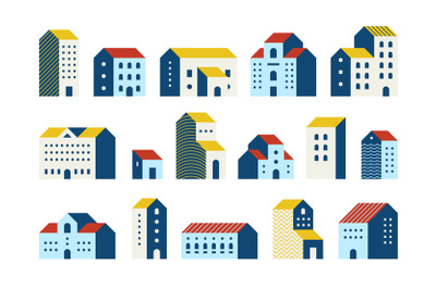 Minimal flat houses. Simple geometric buildings cartoon set, urban cit