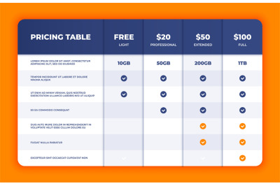 Comparison table. Price chart template&2C; business plan pricing grid&2C; we