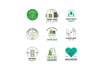 Line organic logo. Green vegan shop label, nature plants vegetarian st