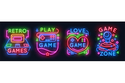 Neon game signs. Retro video games zone, player room glowing emblems,