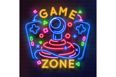 Retro game neon sign. Video games night light symbol&2C; glowing gamer po