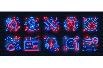 Neon party icons. Dance music karaoke light signs&2C; glowing concert ban