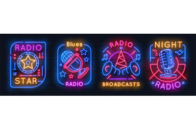 Radio neon sign. Music glowing icons, on air night light emblems, audi