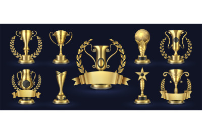 Golden trophy. Realistic champion award&2C; contest winner prizes with la