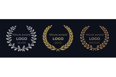 Movie award logo. Laurel golden emblems, winner reward foliage banner,