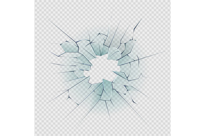 Broken glass. Cracked window texture realistic destruction hole in tra