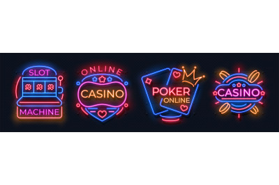 Casino neon signs. Slot machine jackpot banners, poker bar night billb