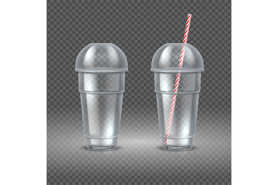 Realistic plastic cup. Transparent coffee container with straw&2C; water