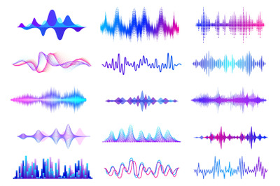 Sound waves. Frequency audio waveform, music wave HUD interface elemen