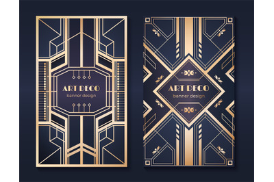 Art deco banners. 1920s party invitation flyer&2C; fancy golden ornamenta