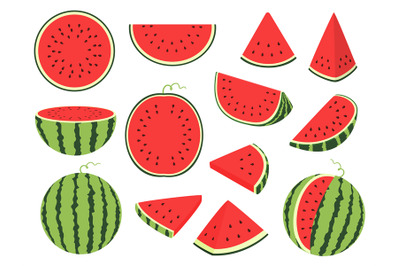 Cartoon slice watermelon. Green striped berry with red pulp and brown