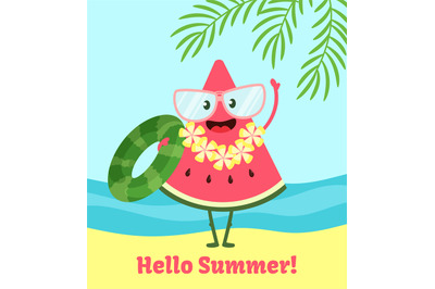 Watermelon summer poster. Poster design with vector watermelon charact