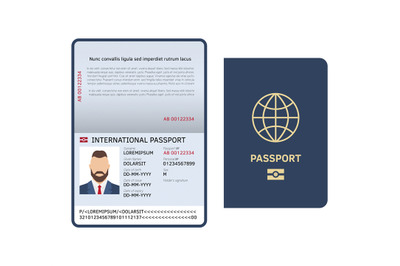 Open passport. Id document male photo page legal sample international