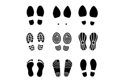 Footprints. Human boot footsteps&2C; shoes funny contour. Vector black fo