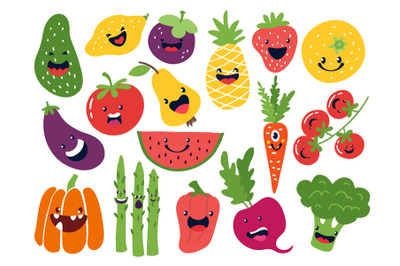 Flat vegetable characters. Funny smiley doodle fruits&2C; hand drawn berr