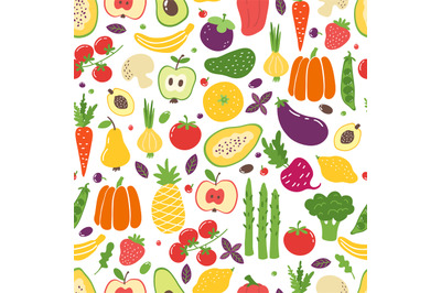 Flat vegetables seamless pattern. Hand drawn colorful fruits, organic