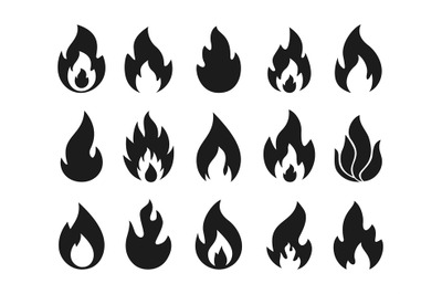 Fire flame icons. Simple burning campfire silhouette symbols, hot chil