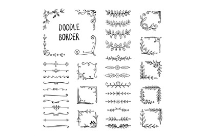 Doodle border. Flower ornament frame, hand drawn decorative corner ele