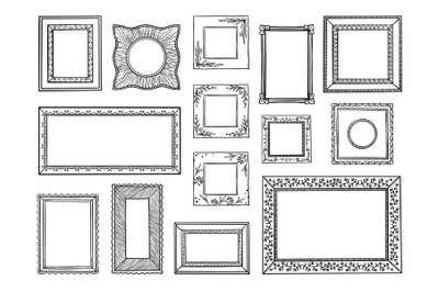 Hand drawn frames. Doodle square and circle boarders, vintage decorati