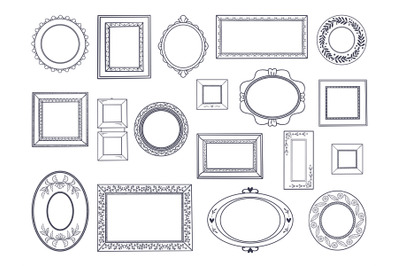 Doodle frames. Square hand draw borders, pencil circle line, round cur