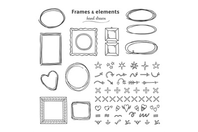 Doodle frames and elements. Hand drawn square round line frames, penci