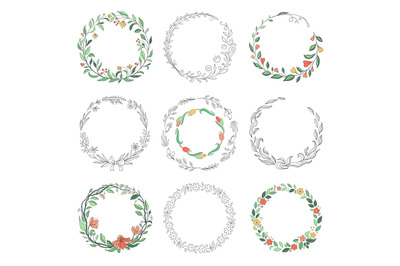 Floral circle doodle frames. Hand drawn linear round borders, florist